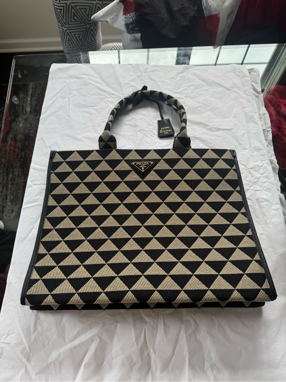 Black & Beige Geometric Print Tote Bag